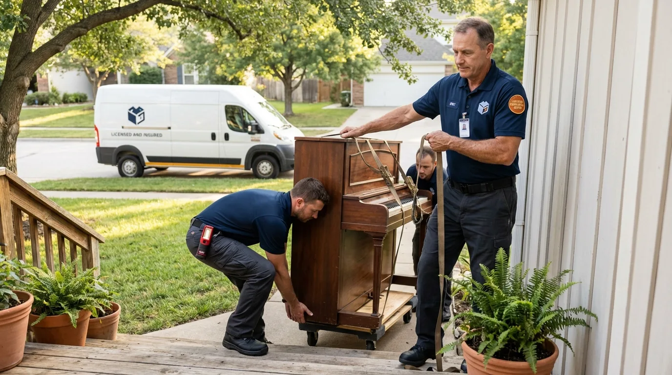 Licensed piano movers securing grand piano in Pepeekeo, HI